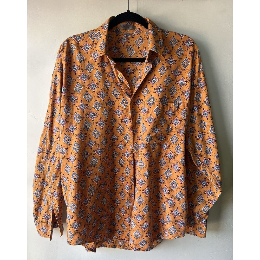 REUNION Cotton Rayon Orange Geometric Long Sleeve Button-Up Shirt Men Medium